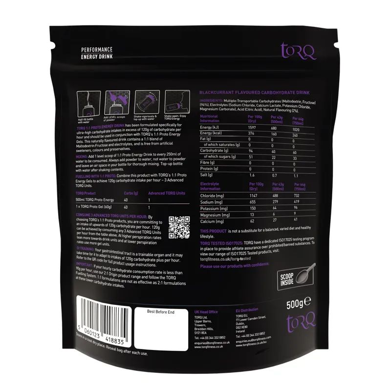 TORQ Proto 1:1 Energy Drink Pouch: BLACKCURRANT 500g-1
